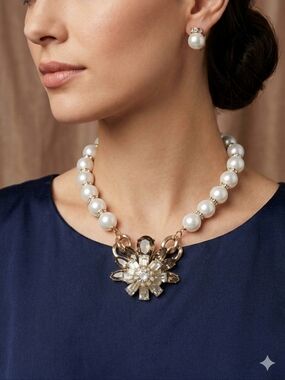 Elegant Pearl Necklace with Crystal Floral Pendant